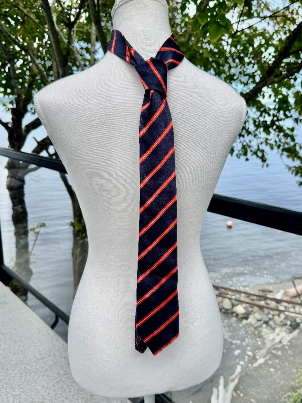 Acne Studios Navy Blue w Orangey Red Striped Neck Tie 100% Silk Made in England